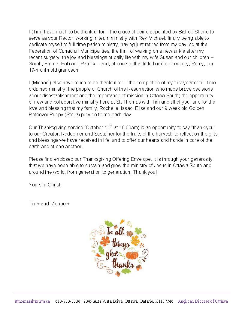 Thanksgiving Letter St Thomas the Apostle Anglican Church